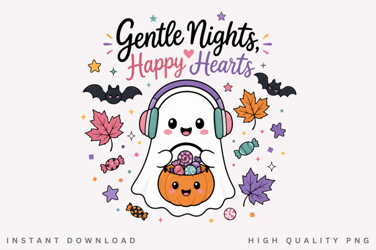 Gentle Nights Happy Hearts PNG, Cute Ghost Headphones