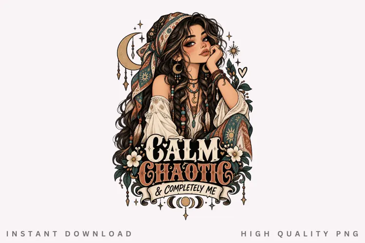 Calm Chaotic Completely Me Boho Girl PNG, Bohemian Woman