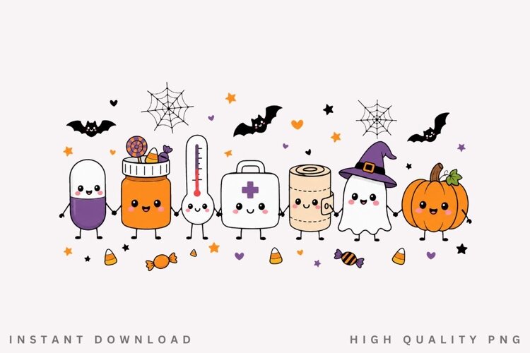 Cute Nurse Halloween PNG, Kawaii Medical Ghost Pumpkin PNG example image 1