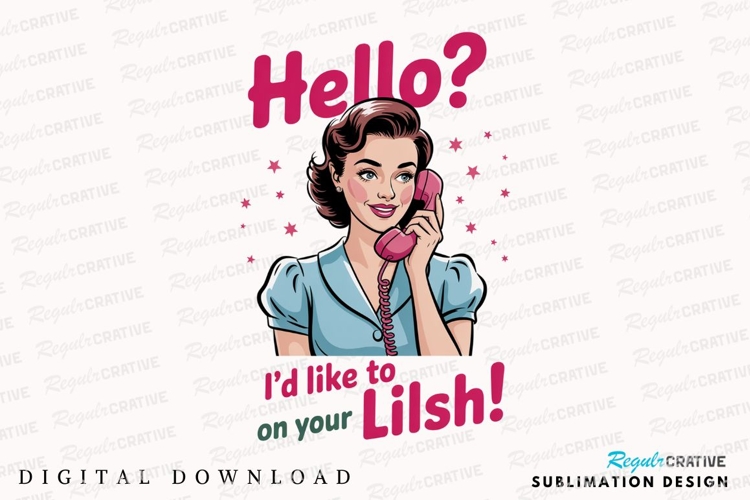 Retro Woman on Pink Phone Saying Hello Sublimation PNG