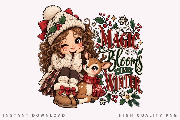 Cozy Winter Girl and Deer Holiday Magic Floral Snowflake PNG example image 1