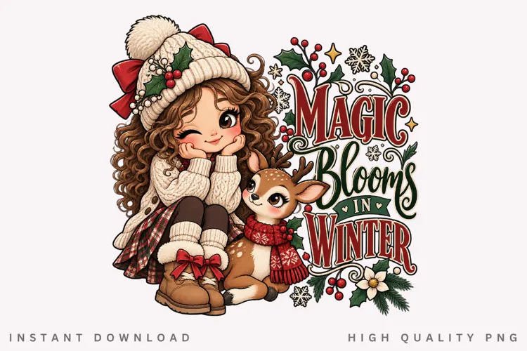 Cozy Winter Girl and Deer Holiday Magic Floral Snowflake PNG