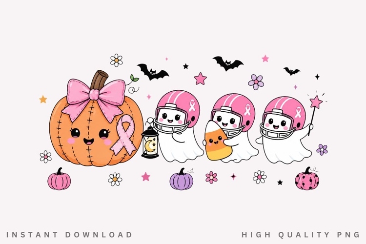 Pink Ribbon Ghost Football PNG, Breast Cancer Halloween PNG