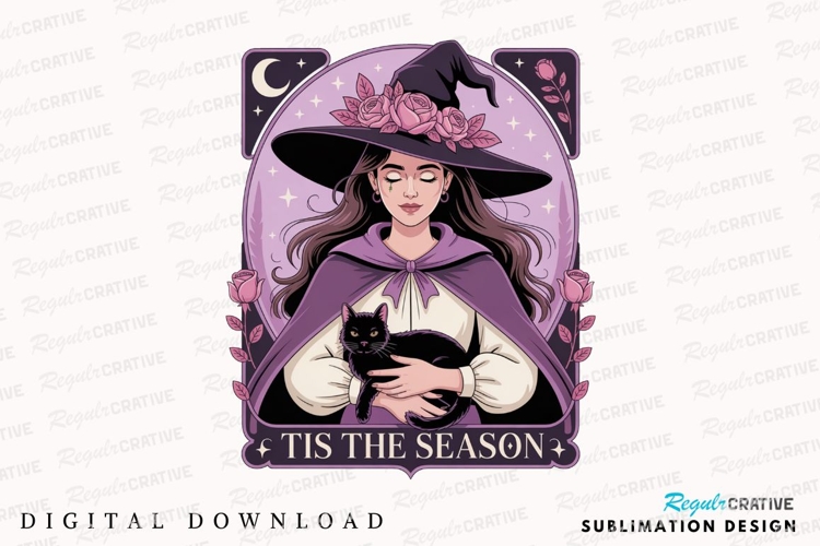 Witch with Black Cat Wearing Hat and Roses Sublimation PNG