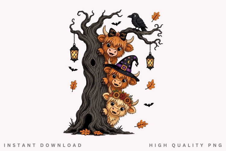 Spooky Tree Highland Cow PNG Sublimation Design, Cute