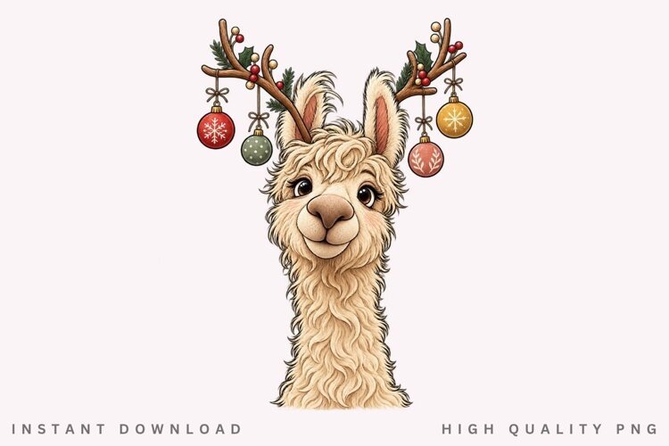 Christmas Llama PNG Sublimation Design, Cute Alpaca Reindeer example image 1
