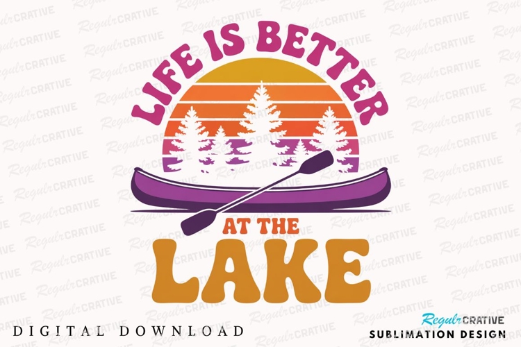 Lake Life Retro Design With Canoe Silhouette Sublimation PNG
