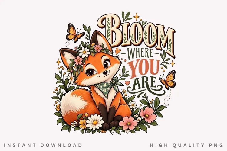 Cute Floral Fox Bloom Quote PNG, Whimsical Woodland Animal