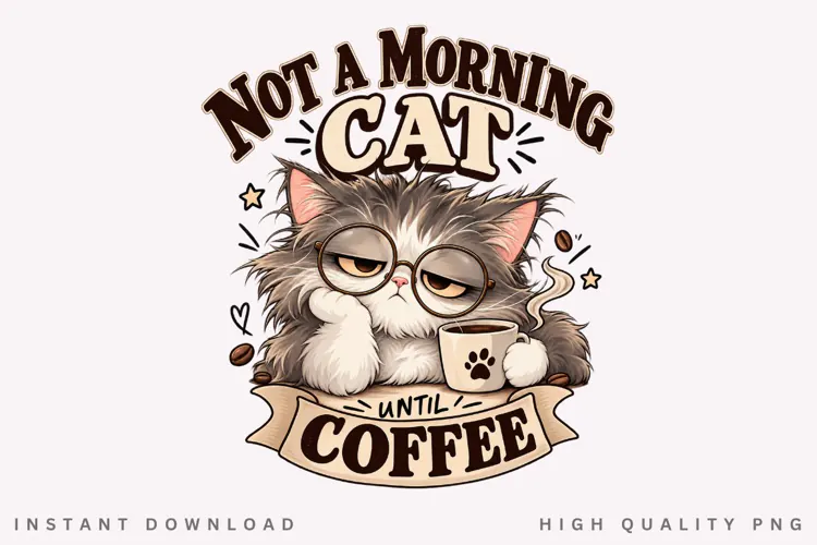 Sleepy Cat Coffee Lover Cute Morning Typography PNG