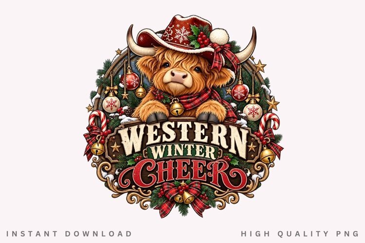 Cute Highland Cow Western Winter Cheer Christmas Holiday PNG example image 1