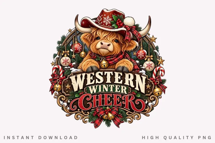 Cute Highland Cow Western Winter Cheer Christmas Holiday PNG