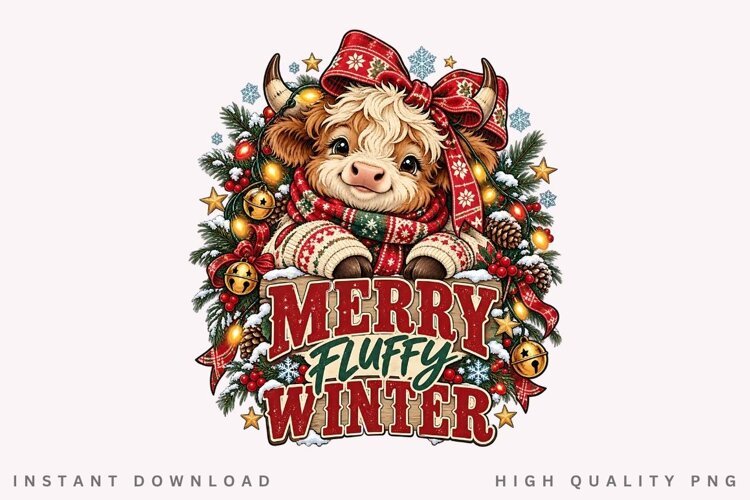 Merry Fluffy Winter Cute Highland Cow Christmas Holiday PNG example image 1