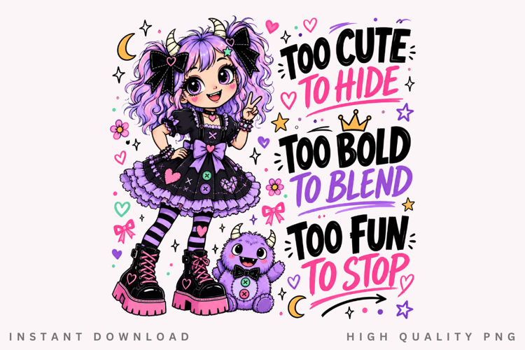 Pastel Goth Girl PNG Sublimation Design, Cute Monster Horns
