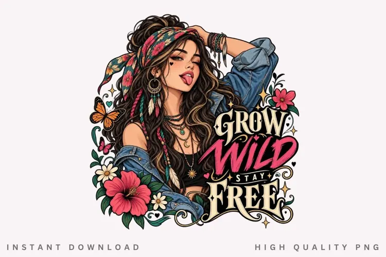 Wild Spirit Woman with Floral Headscarf, Boho Butterfly and