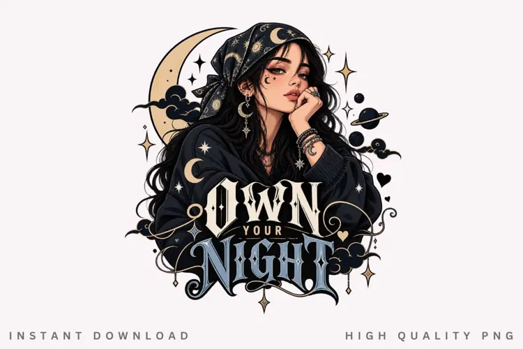 Mystic Moon Woman with Celestial Bandana, Night Sky Magic