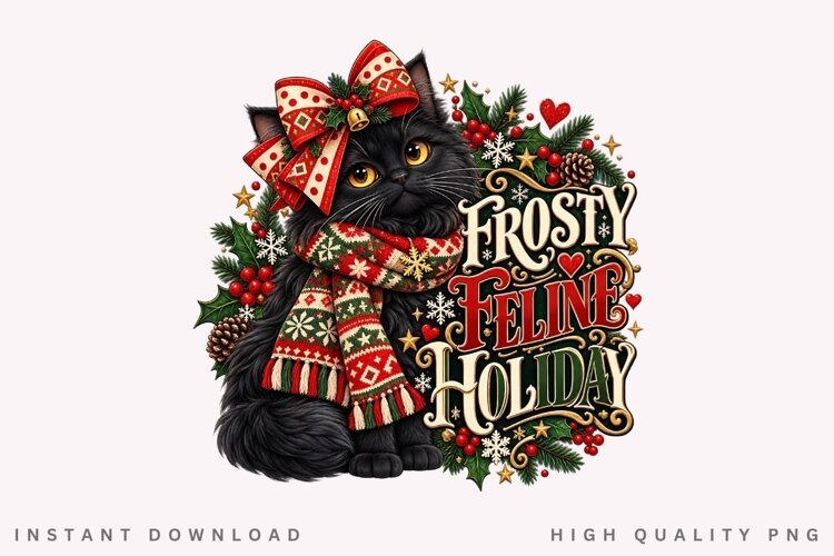 Cute Black Cat Frosty Feline Holiday Christmas Winter PNG example image 1