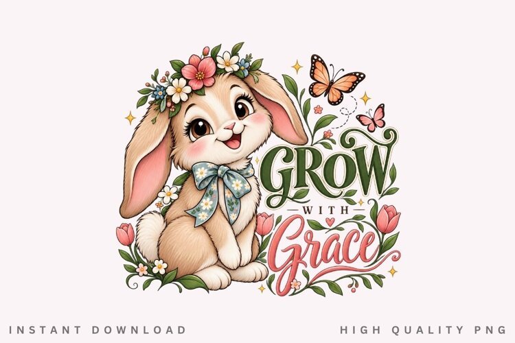 Cute Bunny Grow With Grace Floral Garden Inspirational PNG example image 1