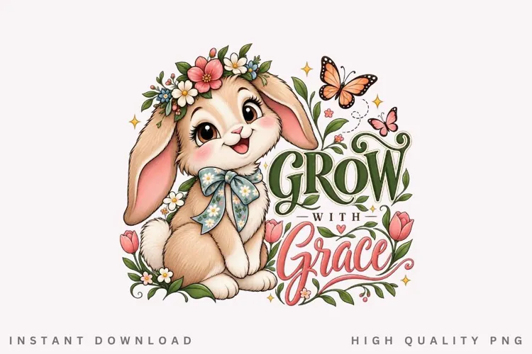 Cute Bunny Grow With Grace Floral Garden Inspirational PNG