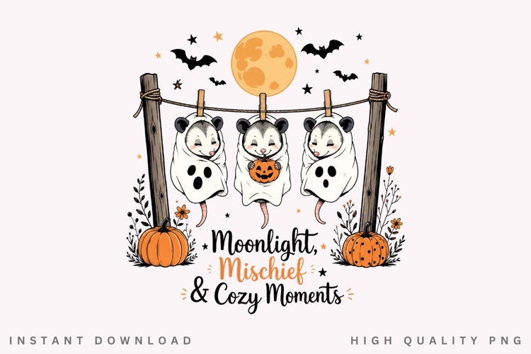 Opossum Ghost Clothesline PNG Sublimation Design, Moonlight