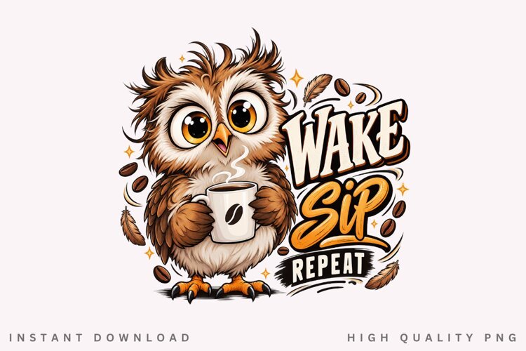Cute Coffee Owl Wake Sip Repeat Illustration PNG example image 1