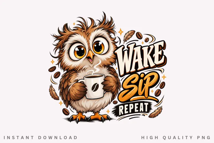 Cute Coffee Owl Wake Sip Repeat Illustration PNG