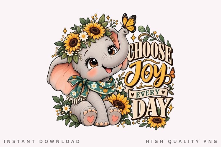Cute Elephant with Sunflowers, Butterfly and Floral Scarf example image 1