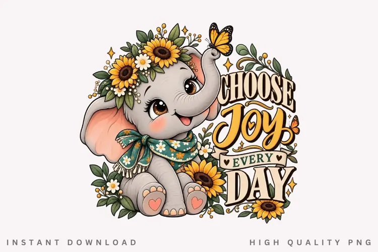 Cute Elephant with Sunflowers, Butterfly and Floral Scarf