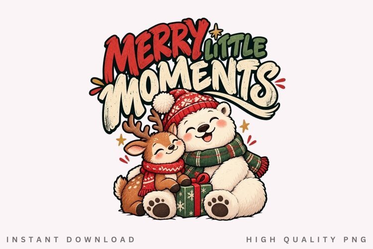 Merry Little Moments PNG Sublimation Design, Cute Polar Bear example image 1