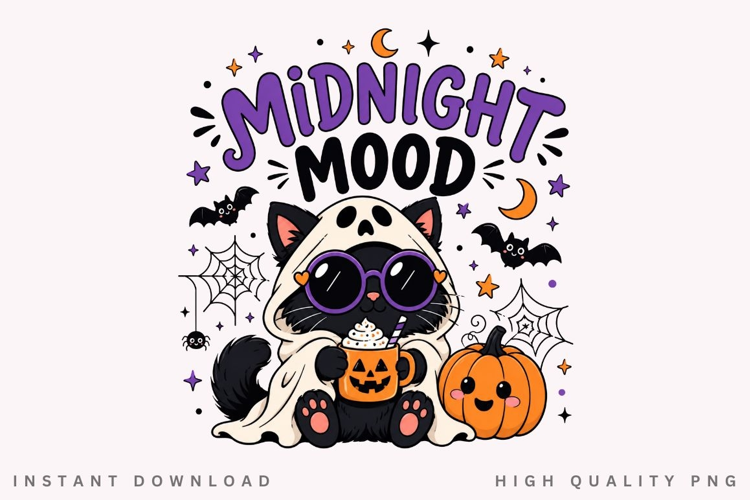 Midnight Mood PNG Sublimation Design, Black Cat Ghost