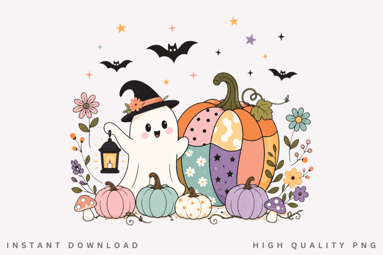 Cute Witch Ghost PNG, Patchwork Pumpkin Halloween