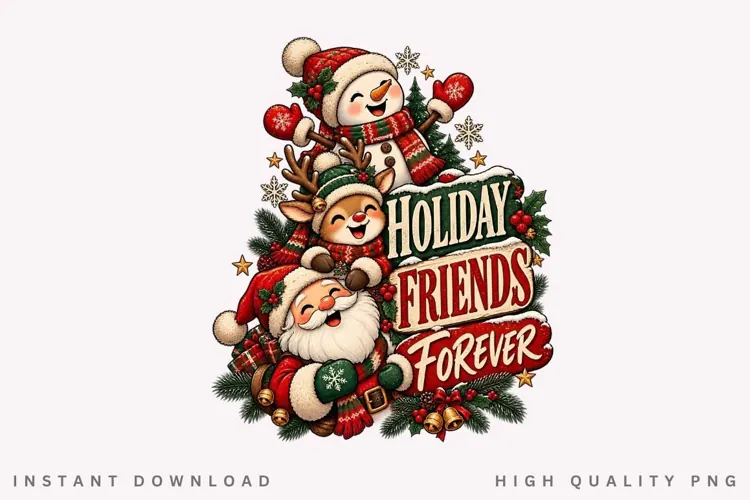 Cute Holiday Friends Forever Snowman Reindeer Santa