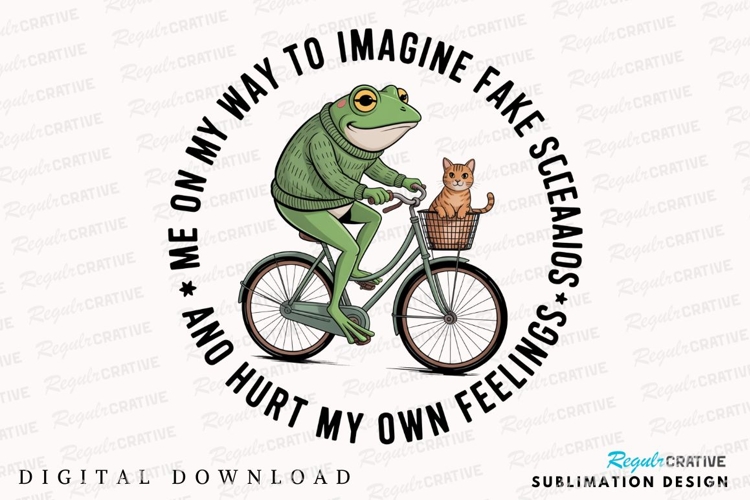 Frog Rides Bicycle With Cat In Basket Funny Sublimation PNG