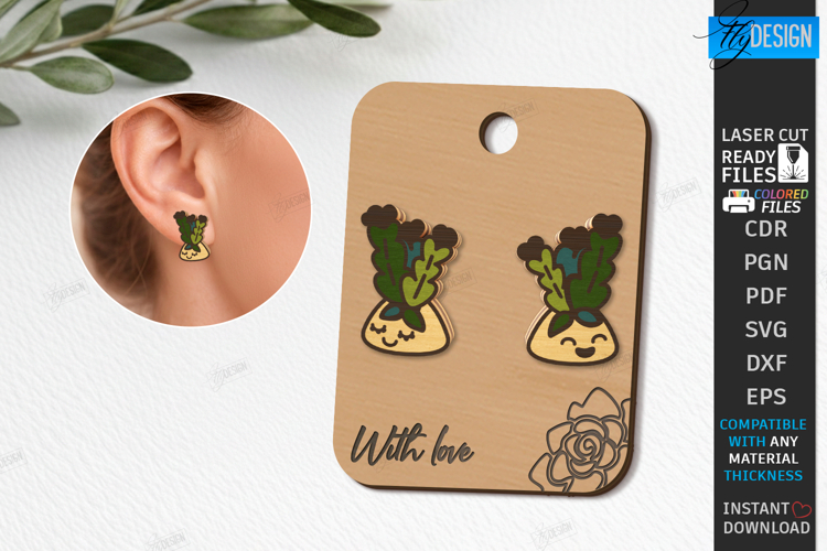 Succulent Stud Earrings with Display Card Laser Cut | CNC