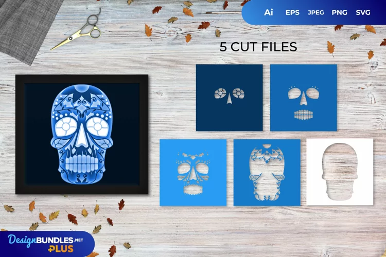 3D Shadowbox Blue Sugar Skull Layered Papercut