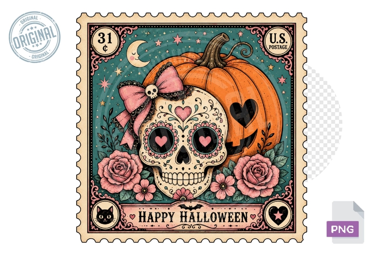 Sugar Skull Pumpkin Halloween Stamp PNG Sublimation Art