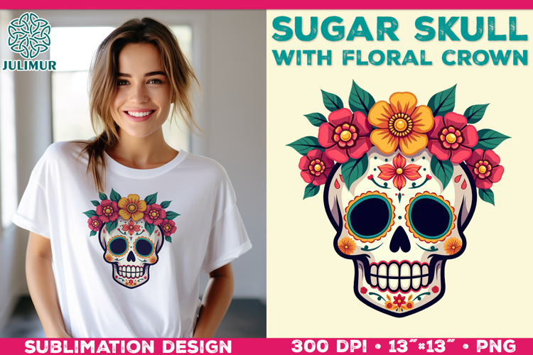 Cute Sugar Skull Sublimation Design with Floral Crown