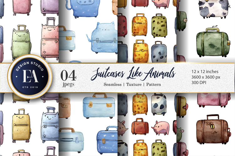 Hand-Painted Tiny Animal Suitcase Artwork Digital Paper