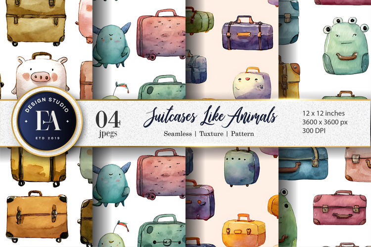Watercolor Suitcases Shaped Like Animals Digital Paper