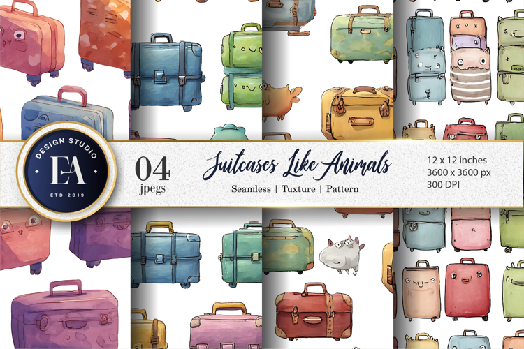 Suitcases Shaped Like Tiny Animals Watercolor Digital Paper
