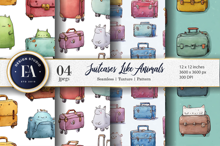 Suitcases Shaped Like Tiny Animals Watercolor Digital Paper