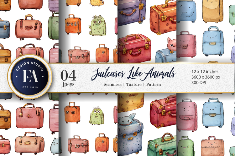 Suitcases Styled as Cute Little Animals Digital Paper