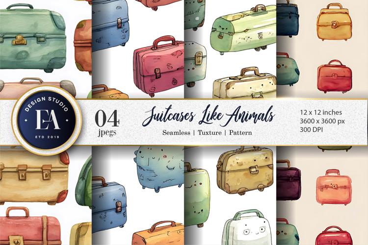 Suitcases Styled as Cute Little Animals Digital Paper