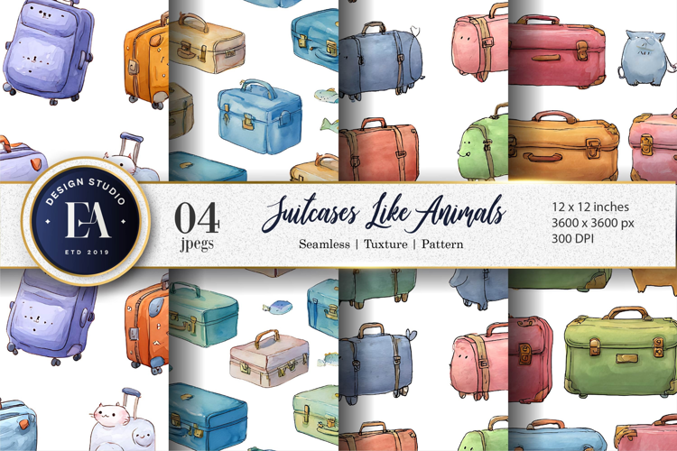 Watercolor Suitcases Shaped Like Animals Digital Paper