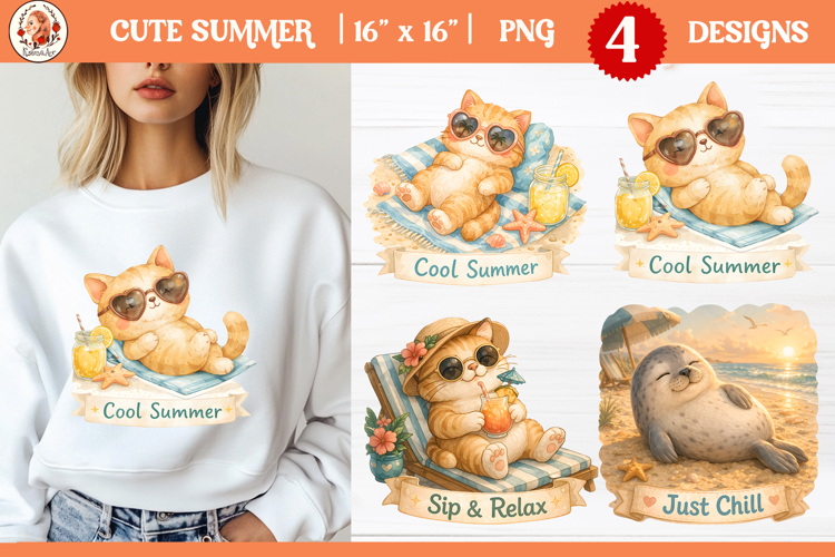 Cute Summer Animal Sublimation | Adorable cat and seal relax