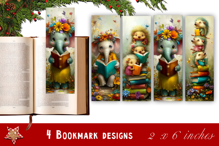 Animal and books bookmark, pile of books, floral Bookmarks