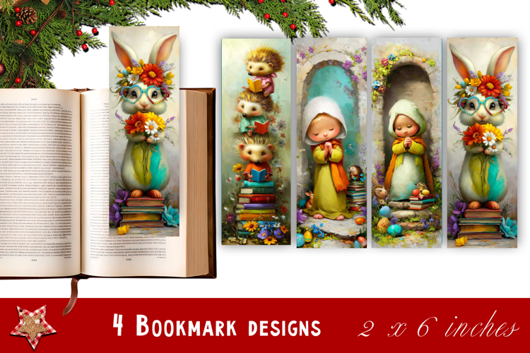 Animal and books bookmark, pile of books, floral Bookmarks