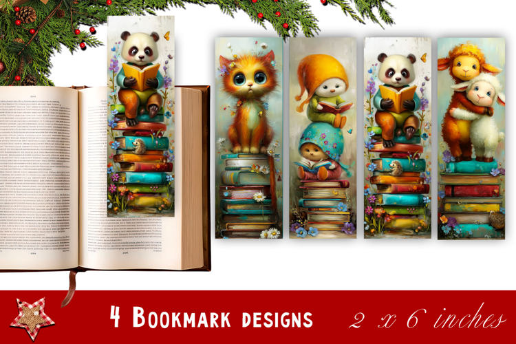 Animal and books bookmark, pile of books, floral Bookmarks