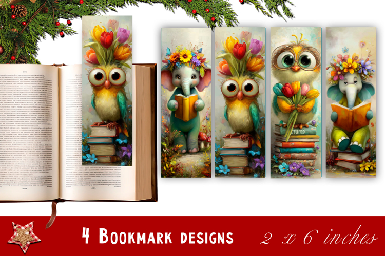 Animal and books bookmark, pile of books, floral Bookmarks