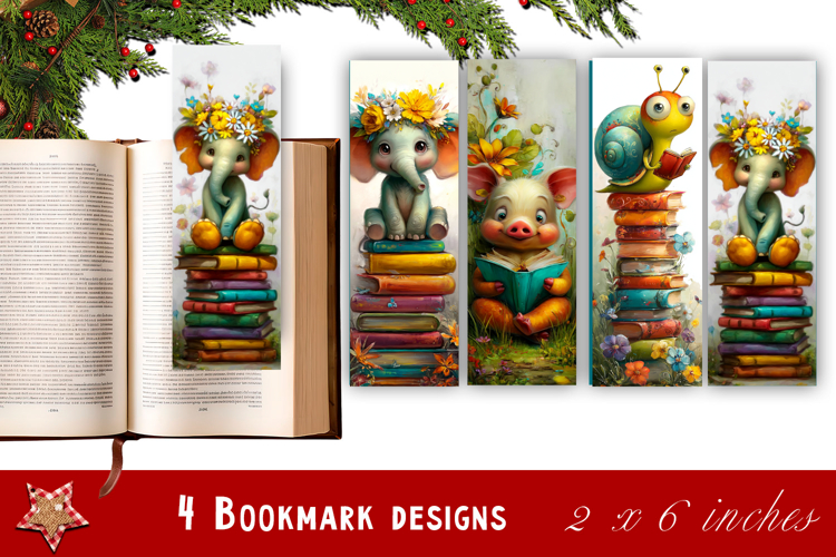 Animal and books bookmark, pile of books, floral Bookmarks