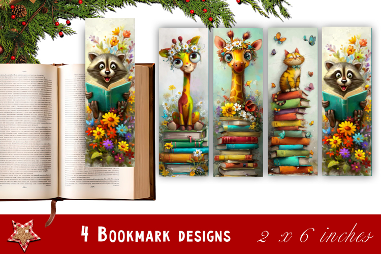 Animal and books bookmark, pile of books, floral Bookmarks
